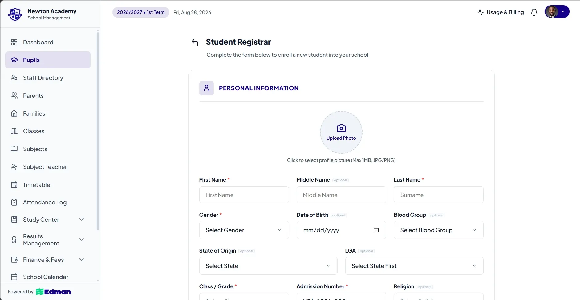 Admission Management Mockup